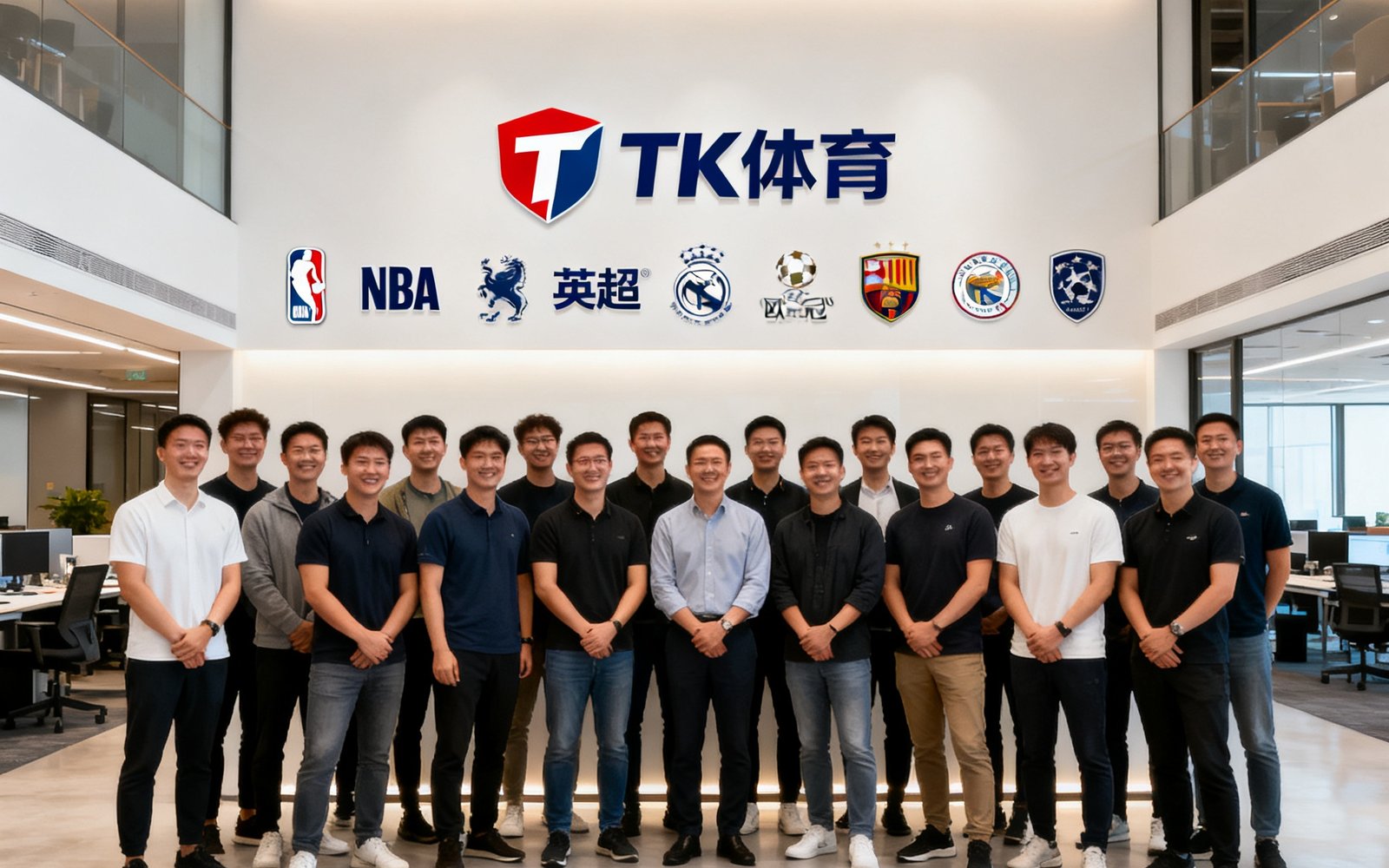 TK体育团队在现代化办公室内的集体合影，背景墙上悬挂着公司logo和各大体育联赛合作标识，团队成员约40人面带微笑站成三排