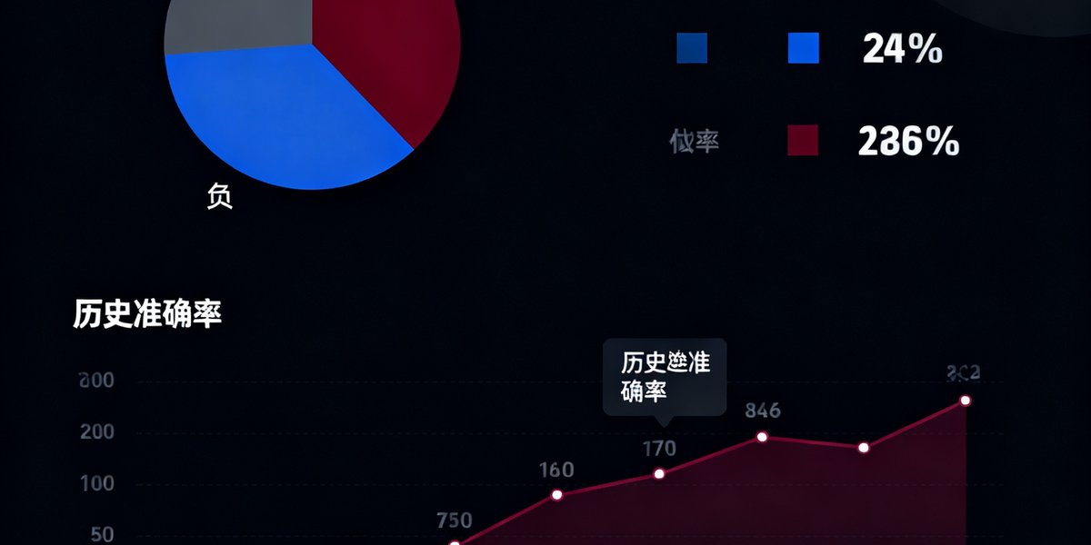 AI预测模型的数据可视化图表，展示胜平负概率分布饼图和历史准确率趋势折线图，配色为深色主题，数据标签清晰